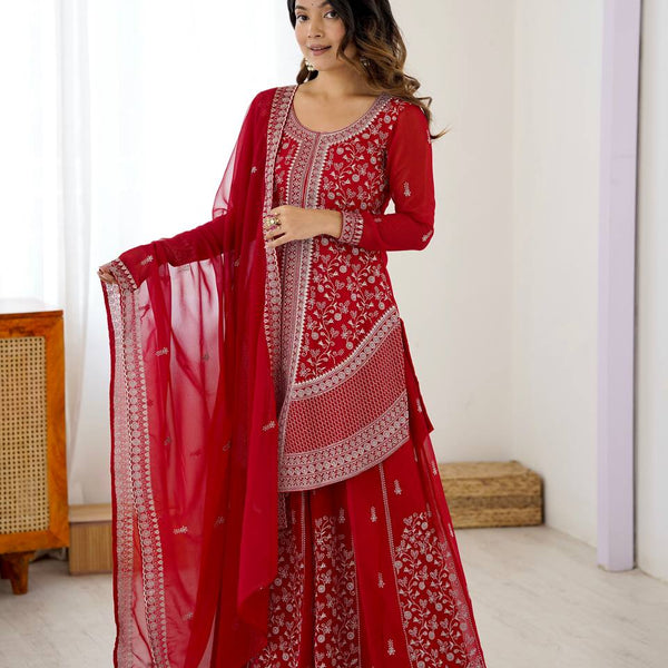 Prazu Fashion Red Faux Georgette Embroidered Thread Work Plazzo Suit - Distacart