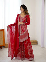 Thumbnail for Prazu Fashion Red Faux Georgette Embroidered Thread Work Plazzo Suit - Distacart