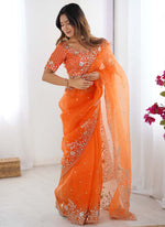Thumbnail for Prazu Fashion Orange Thread Sequence Organza Silk Party Wear Saree - Distacart