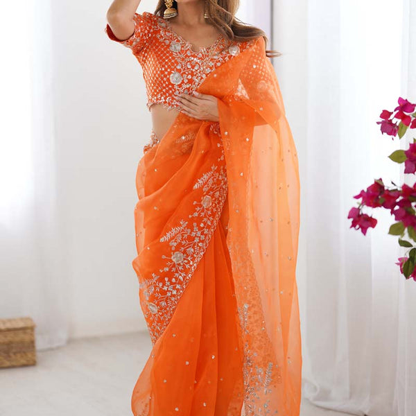 Prazu Fashion Orange Thread Sequence Organza Silk Party Wear Saree - Distacart