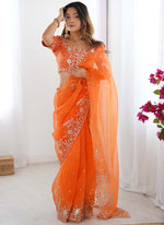 Thumbnail for Prazu Fashion Orange Thread Sequence Organza Silk Party Wear Saree - Distacart