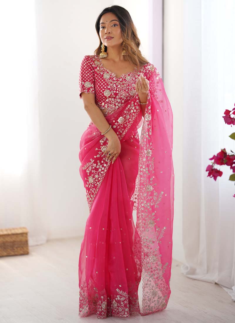 Prazu Fashion Pink Thread Sequence Organza Silk Party Wear Saree - Distacart