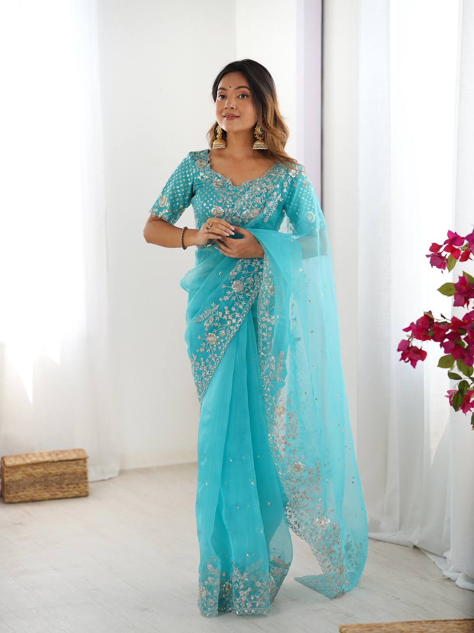 Prazu Fashion Sky Blue Thread Sequence Organza Silk Party Wear Saree - Distacart