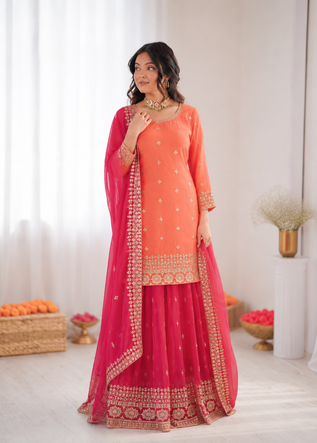 Prazu Fashion Peach Georgette Thtead Embroidered Designer Palazzo Suit - Dista