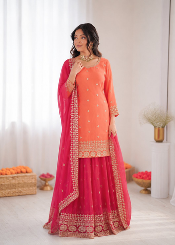 Prazu Fashion Peach Georgette Thtead Embroidered Designer Palazzo Suit - Dista