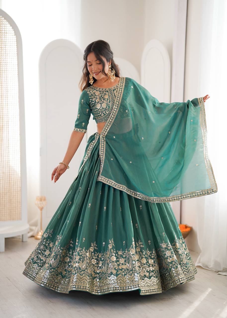 Lehenga Mart Designer Shimmer Lehenga Choli For Wedding-Green - Dista