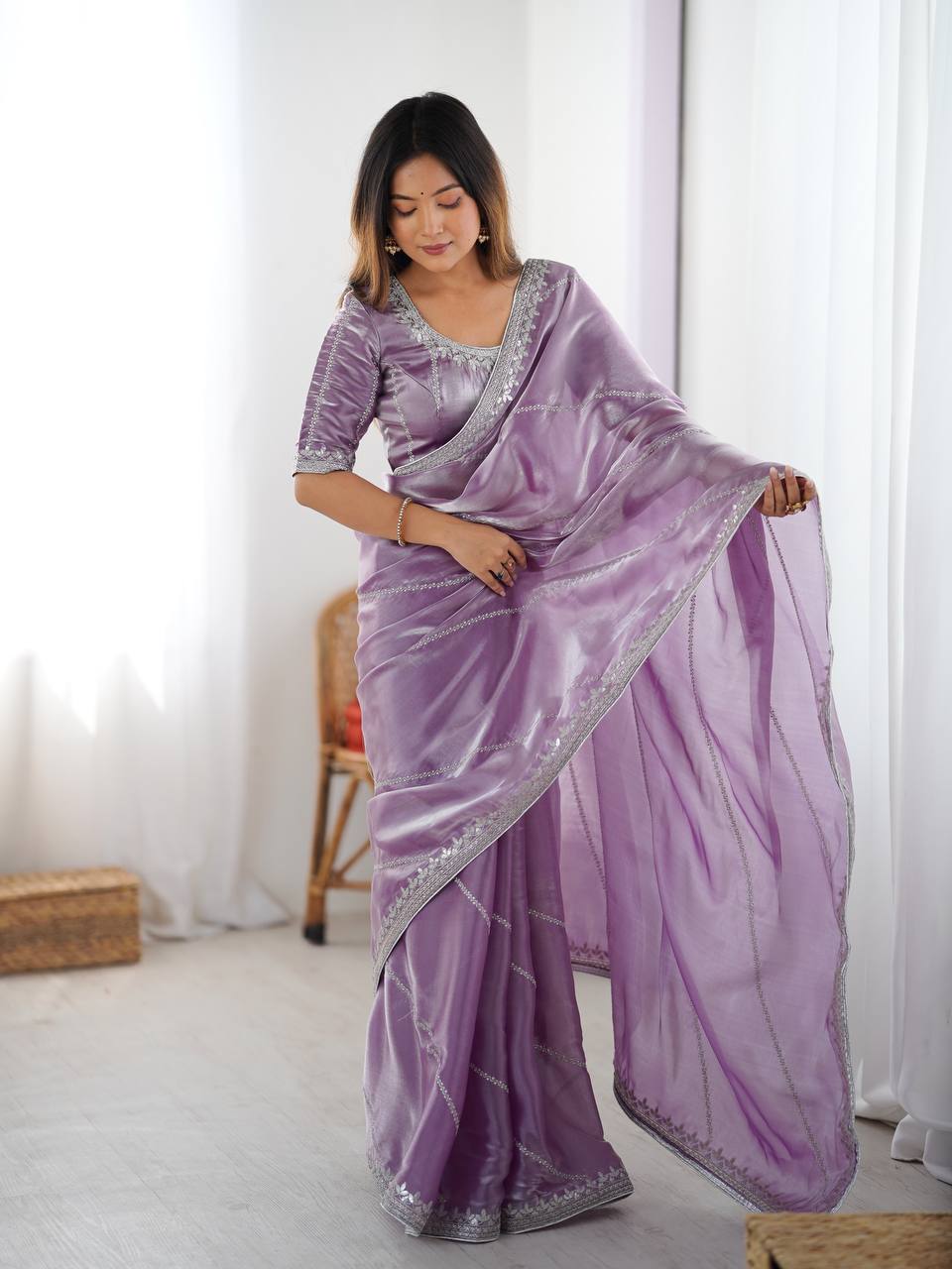 Prazu Fashion Lavender Thread Sequence Organza Silk Party Wear Saree - Distacart