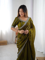 Thumbnail for Prazu Fashion Mehndi Thread Sequins Organza Silk Party Wear Saree - Distacart