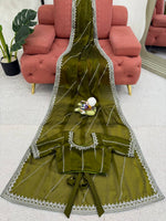 Thumbnail for Prazu Fashion Mehndi Thread Sequins Organza Silk Party Wear Saree - Distacart