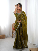 Thumbnail for Prazu Fashion Mehndi Thread Sequins Organza Silk Party Wear Saree - Distacart