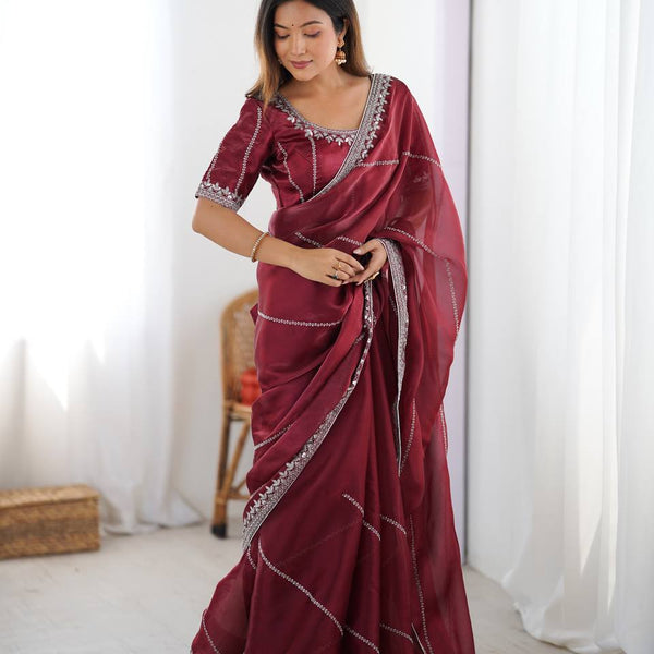 Prazu Fashion Maroon Thread Sequence Organza Silk Party Wear Saree - Distacart