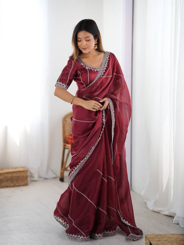 Prazu Fashion Maroon Thread Sequence Organza Silk Party Wear Saree - Distacart