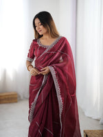 Thumbnail for Prazu Fashion Maroon Thread Sequence Organza Silk Party Wear Saree - Distacart