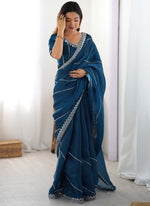 Thumbnail for Prazu Fashion Rama Thread Sequence Organza Silk Party Wear Saree - Distacart