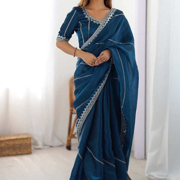 Prazu Fashion Rama Thread Sequence Organza Silk Party Wear Saree - Distacart