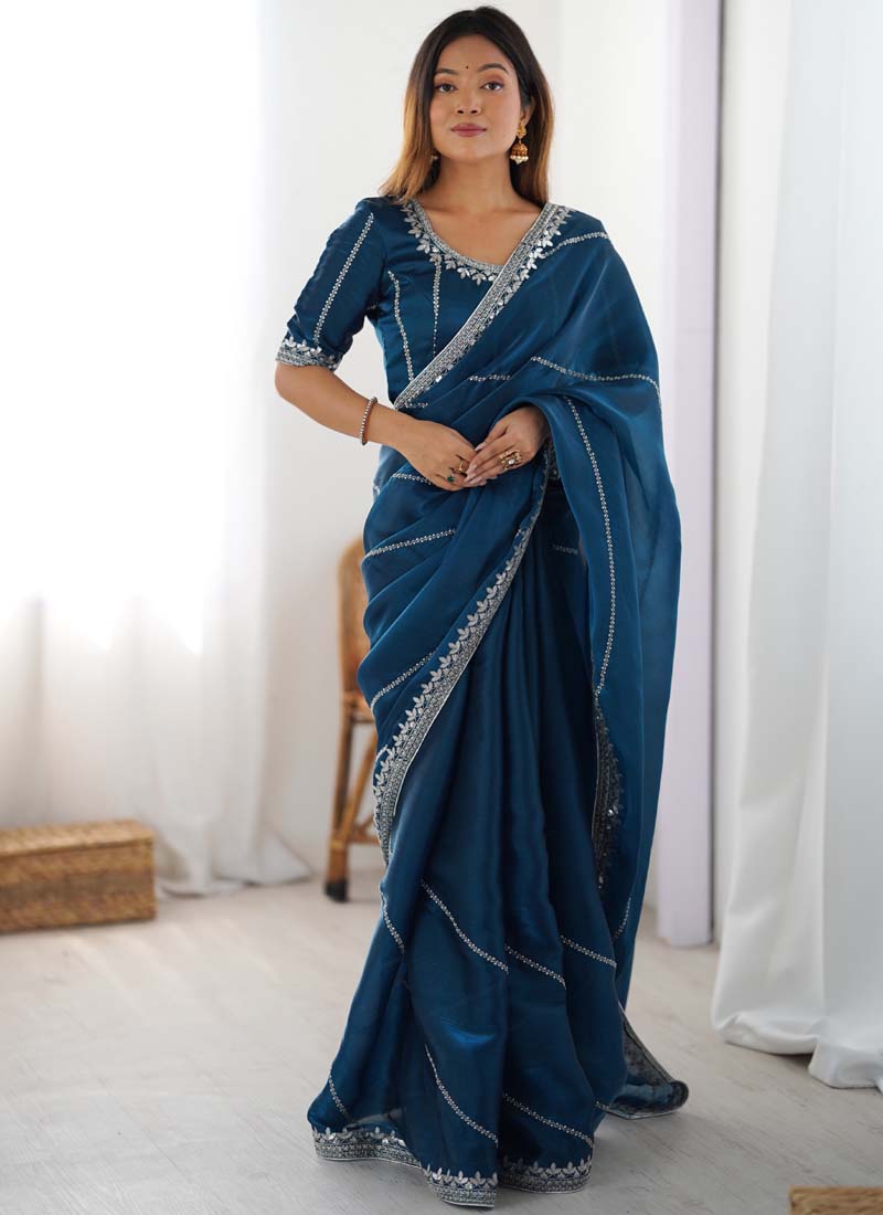 Prazu Fashion Rama Thread Sequence Organza Silk Party Wear Saree - Distacart