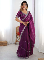 Thumbnail for Prazu Fashion Wine Thread Sequence Organza Silk Party Wear Saree - Distacart