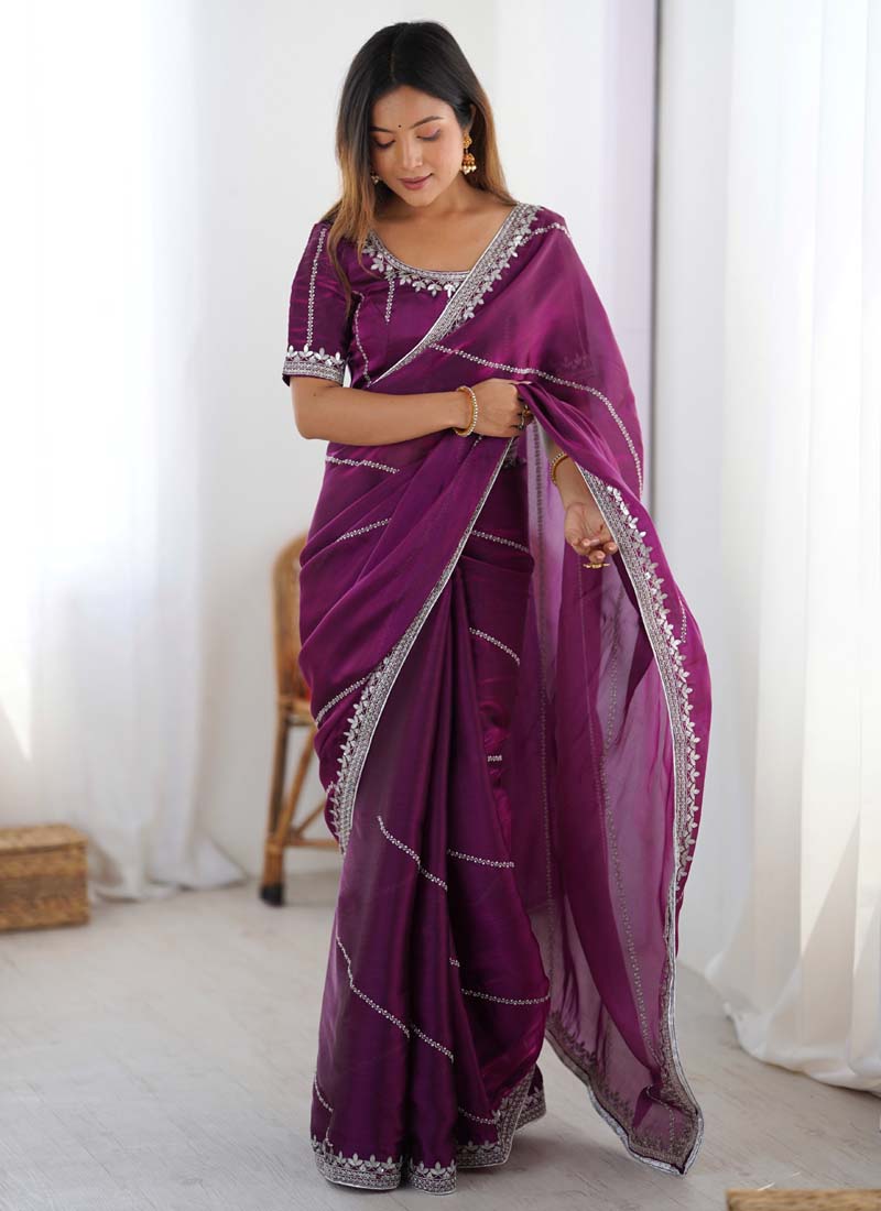 Prazu Fashion Wine Thread Sequence Organza Silk Party Wear Saree - Distacart