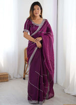 Thumbnail for Prazu Fashion Wine Thread Sequence Organza Silk Party Wear Saree - Distacart