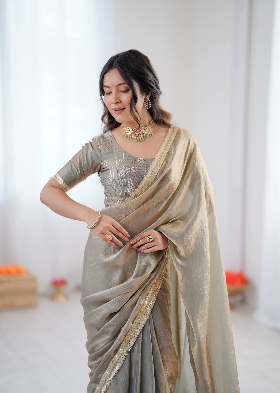 Lehenga Mart Designer Bollywood Style Party Wear Saree-Grey - Dista