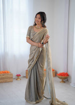 Thumbnail for Prazu Fashion Light Grey Golden Shaded Fendi Silk Ready To Wear Saree - Distacart