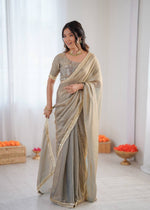 Thumbnail for Prazu Fashion Light Grey Golden Shaded Fendi Silk Ready To Wear Saree - Distacart