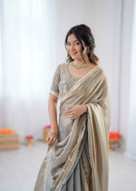 Thumbnail for Prazu Fashion Light Grey Golden Shaded Fendi Silk Ready To Wear Saree - Distacart