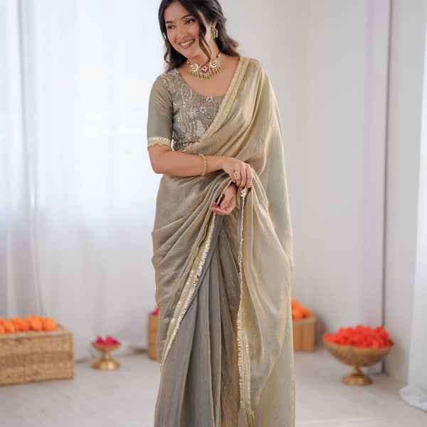 Prazu Fashion Light Grey Golden Shaded Fendi Silk Ready To Wear Saree - Distacart