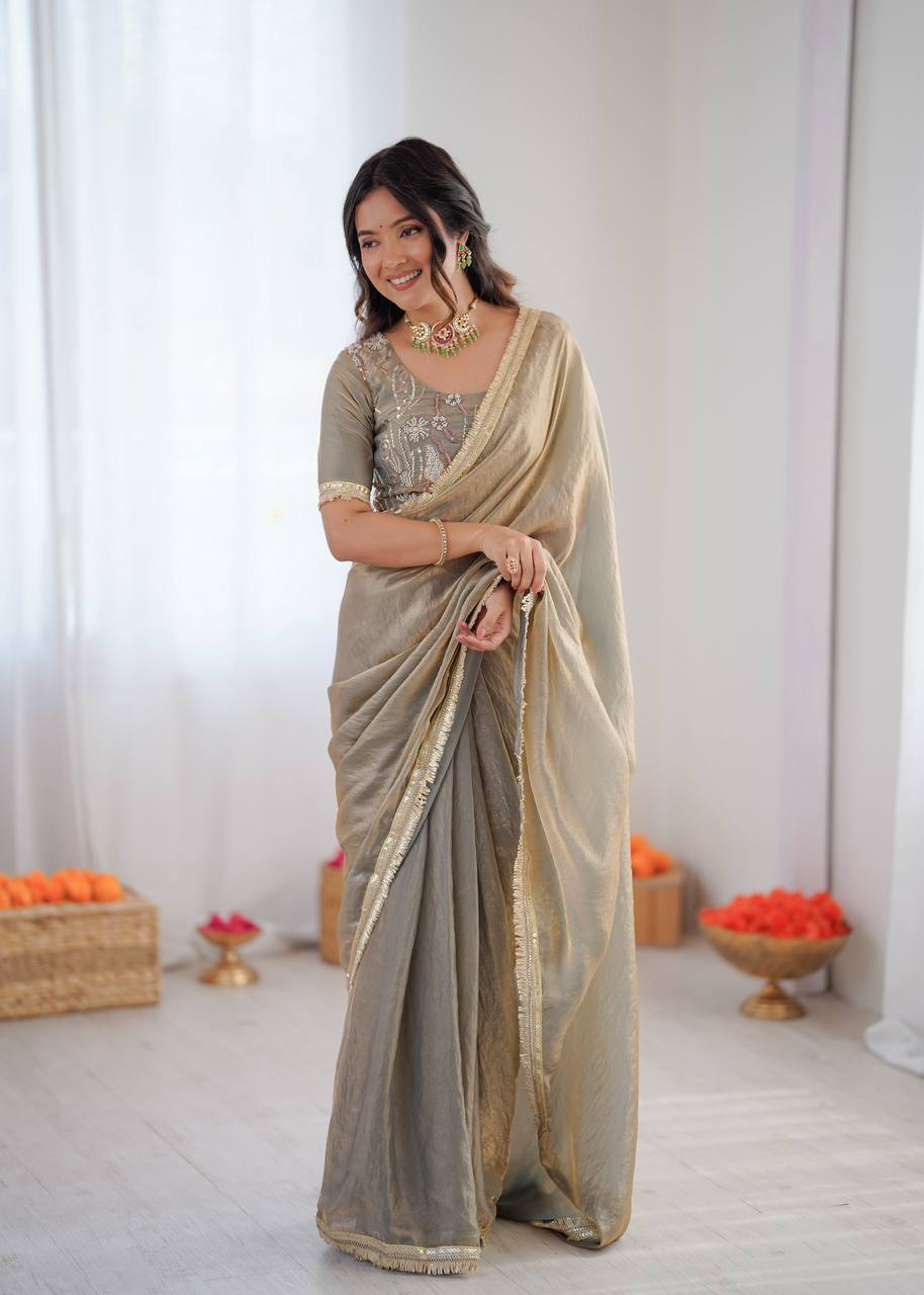 Prazu Fashion Light Grey Golden Shaded Fendi Silk Ready To Wear Saree - Distacart