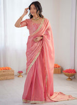 Thumbnail for Prazu Fashion Peach Golden Shaded Fendi Silk Ready To Wear Saree - Distacart