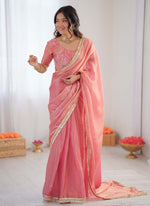 Thumbnail for Prazu Fashion Peach Golden Shaded Fendi Silk Ready To Wear Saree - Distacart