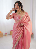 Thumbnail for Prazu Fashion Peach Golden Shaded Fendi Silk Ready To Wear Saree - Distacart