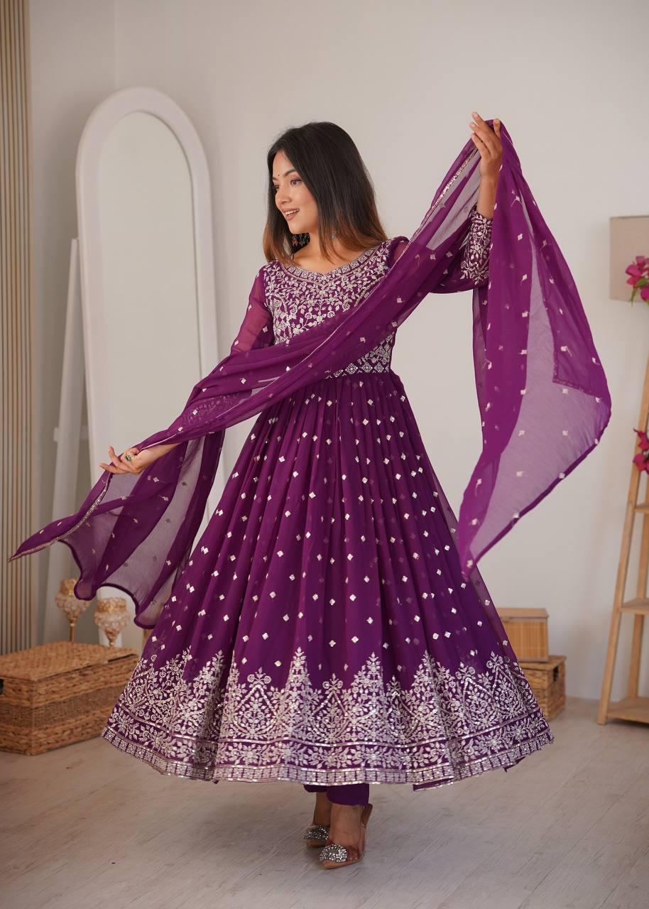 Lehenga Mart Designer Anarkali Suit With Kurta Palazzo Dupatta For Women-Purple - Dista