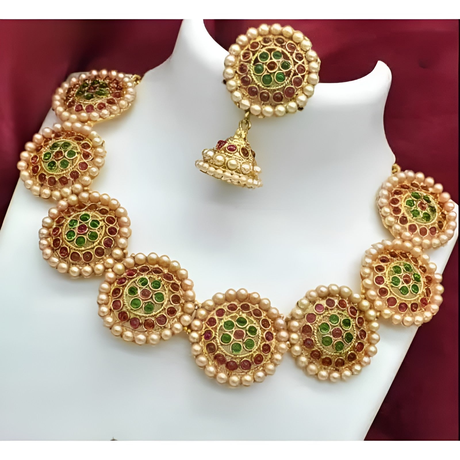 Jewel City Antique Gold Floral Round Disc Necklace Set - Kemp Stone Traditional Choker with Earrings - Handcrafted Temple Jewelry