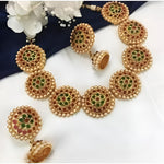 Thumbnail for Jewel City Antique Gold Floral Round Disc Necklace Set - Kemp Stone Traditional Choker with Earrings - Handcrafted Temple Jewelry