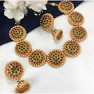 Jewel City Antique Gold Floral Round Disc Necklace Set - Kemp Stone Traditional Choker with Earrings - Handcrafted Temple Jewelry