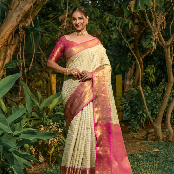 Jyoti Fashion Women's Off White Kanjivaram Silk Zari Woven Saree with Blouse - Distacart