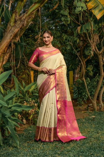 Jyoti Fashion Women's Off White Kanjivaram Silk Zari Woven Saree with Blouse - Distacart