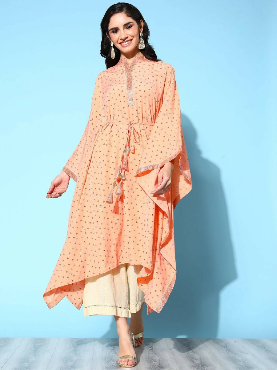 Ahalyaa Women's Peach Crepe Printed Kaftan Kurta - Distacart