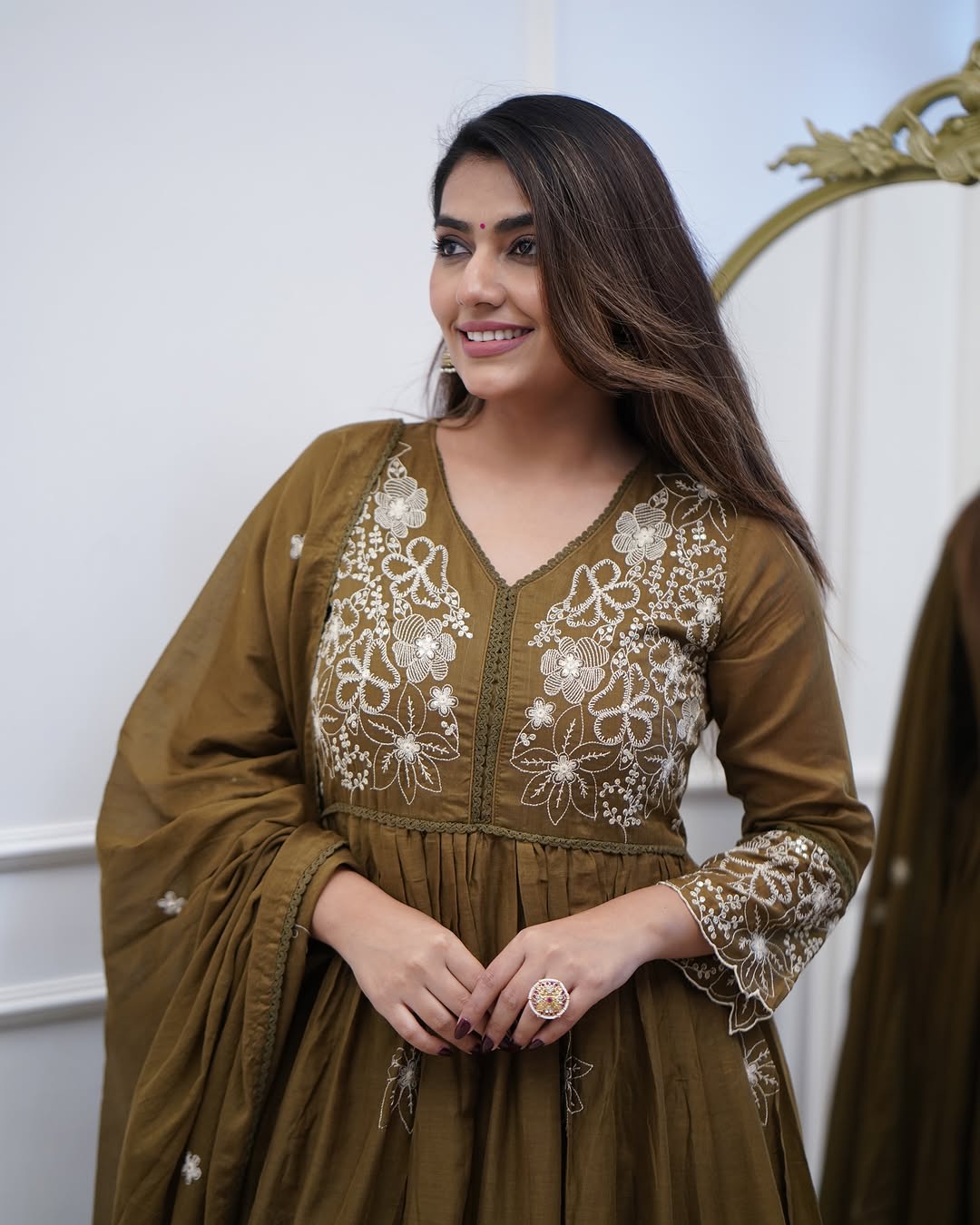 Avantini Women's Brown Cotton Silk Embroidered Gown Pant Set With Dupatta
