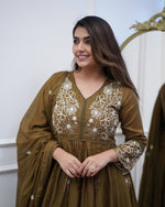 Thumbnail for Avantini Women's Brown Cotton Silk Embroidered Gown Pant Set With Dupatta