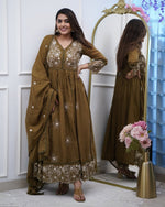 Thumbnail for Avantini Women's Brown Cotton Silk Embroidered Gown Pant Set With Dupatta