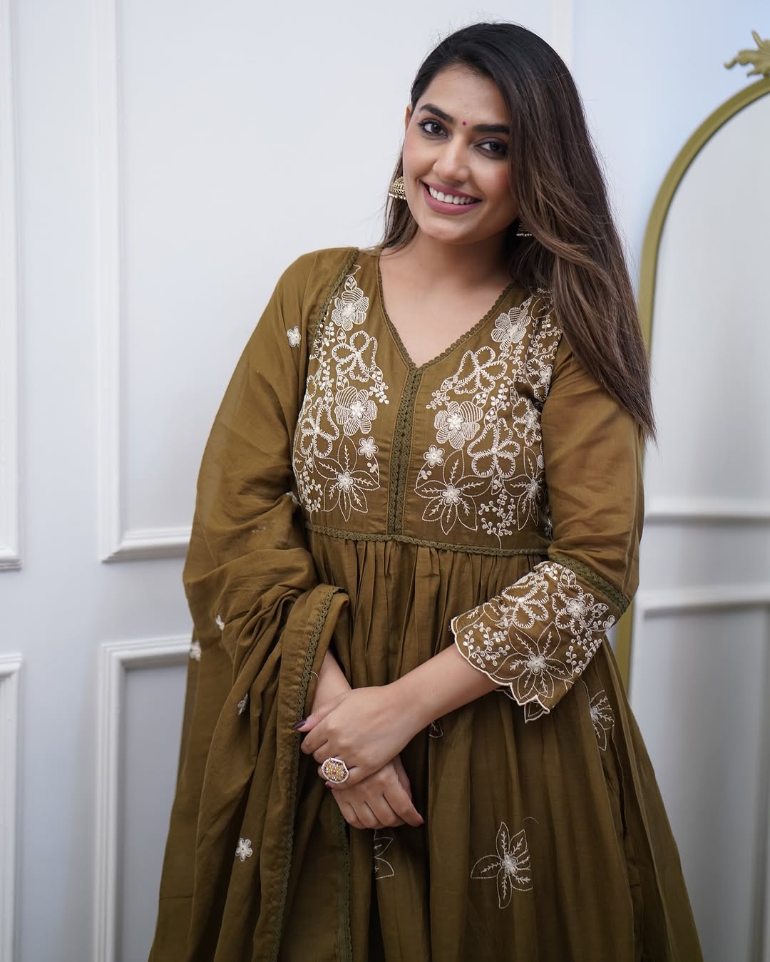 Avantini Women's Brown Cotton Silk Embroidered Gown Pant Set With Dupatta