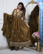 Thumbnail for Avantini Women's Brown Cotton Silk Embroidered Gown Pant Set With Dupatta