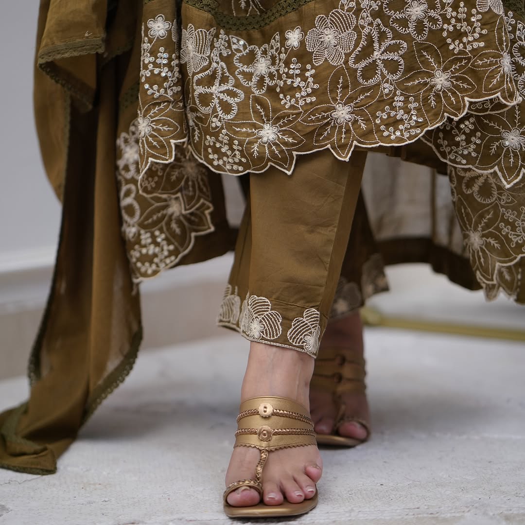 Avantini Women's Brown Cotton Silk Embroidered Gown Pant Set With Dupatta