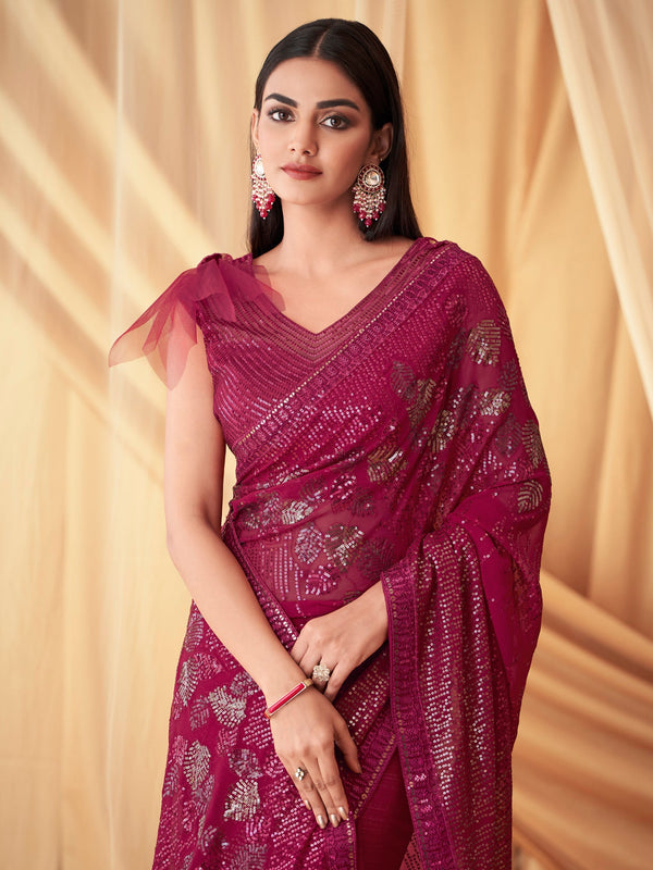 NOZ2TOZ Women's Georgette Pink Embellished Designer Saree With Blouse Piece - Distacart