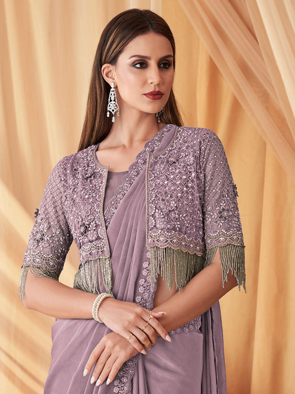 NOZ2TOZ Women's Georgette Lavender Embellished Designer Saree With Blouse Piece - Distacart