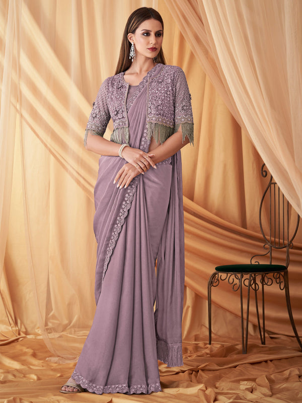 NOZ2TOZ Women's Georgette Lavender Embellished Designer Saree With Blouse Piece - Distacart