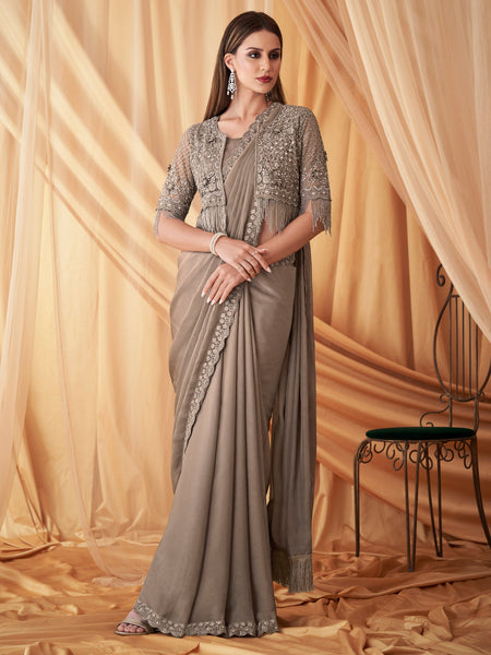 NOZ2TOZ Women's Georgette Grey Embellished Designer Saree With Blouse Piece - Distacart