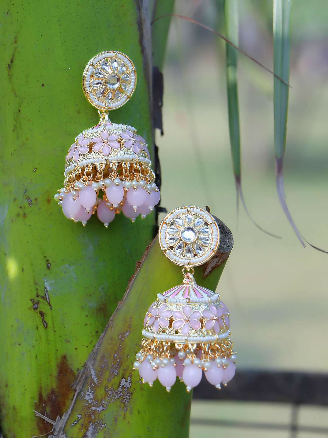 Meenakari Pink Jhumka Earrings By House of Ree - Distacart